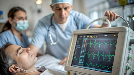 Obraz premium Medical professionals working with patient monitoring equipment in a hospital setting