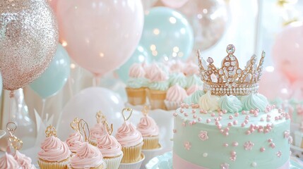 Pastel Birthday Cake with Crown and Cupcakes