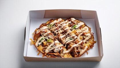 Okonomiyaki in delivery box with white background isolated