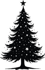 Decorative Christmas Tree Silhouette Black and White with Stars and Solid Black