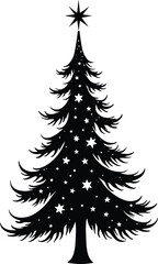 Decorative Christmas Tree Silhouette Black and White with Stars and Solid Black