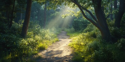 Fototapeta premium Sunbeams stream through the trees on a path in the woods.
