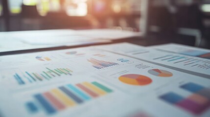 Colorful Charts and Graphs on White Paper in Blurred Office Setting
