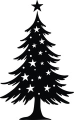 Decorative Christmas Tree Silhouette Black and White with Stars and Solid Black
