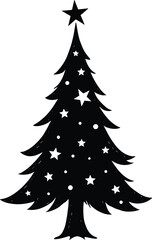 Decorative Christmas Tree Silhouette Black and White with Stars and Solid Black