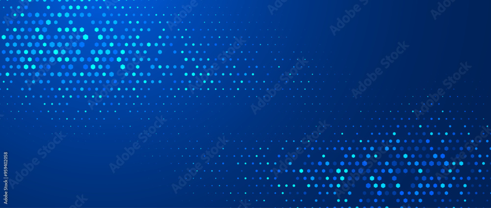 Poster Glowing blue hexagon texture. Abstract hexagonal grid gradient background. Navy honeycomb pattern backdrop. Modern business, science, healthcare, medicine, technology, presentation wallpaper. Vector