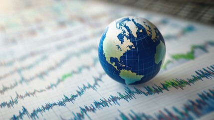 Earth globe placed in the center of a stock market chart, symbolizing the impact of global economies