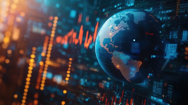 Earth globe placed within a financial stock exchange background, symbolizing global market influence