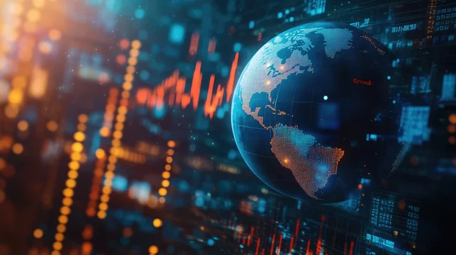 Earth globe placed within a financial stock exchange background, symbolizing global market influence