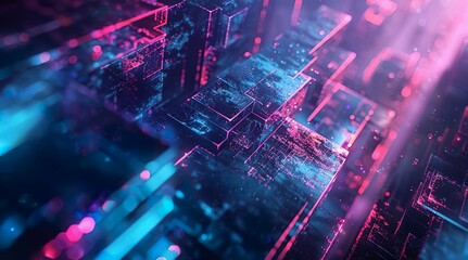 Abstract Digital Neon Cityscape with Glowing Blocks