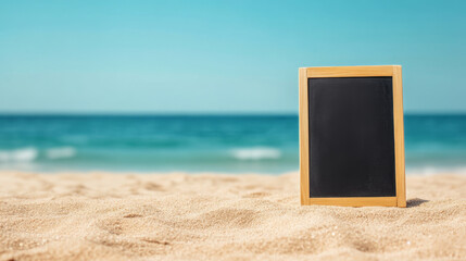 A blank blackboard placed on sandy beach with tropical backdrop evokes serene and inviting atmosphere.