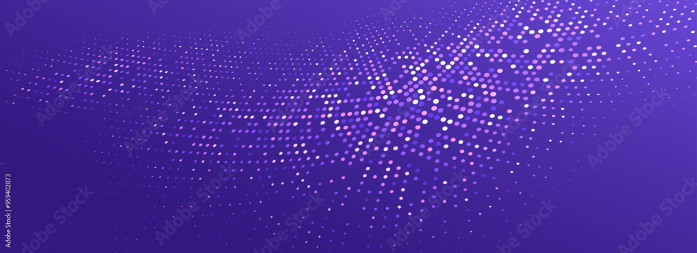 Poster purple glowing dotted texture. abstract dot grid wallpaper. curved halftone pattern background. mode