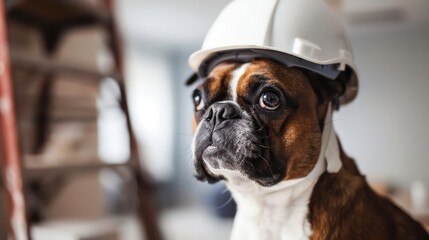 A Boxer dog wearing a white hard hat looks intently at something off-camera.