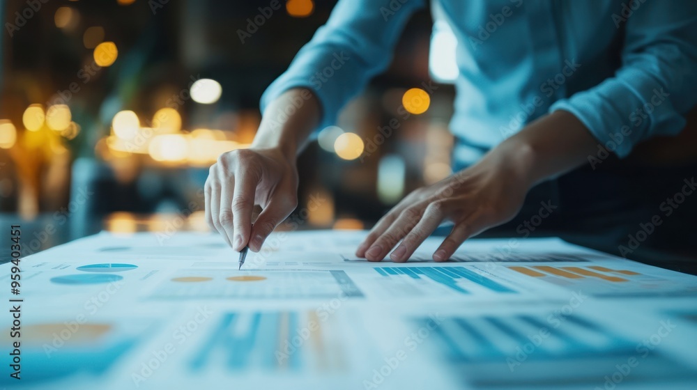 Poster businessman analyzing financial data with charts and graphs