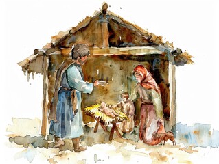 Watercolor of a Christian family setting up a Christmas nativity scene festive and family-oriented