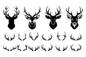 Vector Reindeer Antlers and Horn Icon Set. Deer Silhouettes and Heads Collection. Hand-Drawn Antler Symbols. Animal Antlers for Christmas, New Year, Wildlife, Hunting, Hipster Design Elements © gomolach