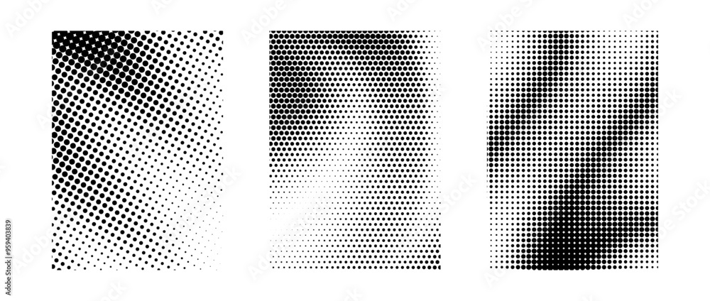Poster grunge halftone gradient background set. black grit sand noise texture collection. retro dotted pixe