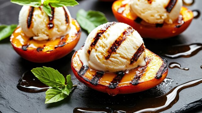 Grilled Peach Halves with Vanilla Ice Cream and Balsamic Glaze