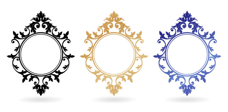 circle frame mirror with ornament three colors isolated white backgrounds for design in Eastern style, place for text, Floral blue border. Lace illustration invitations and greeting cards, stationery