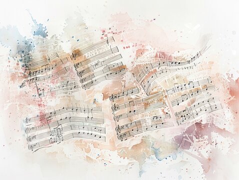 Watercolor of Christian hymn sheets fluttering in a gentle breeze music notes and lyrics visible