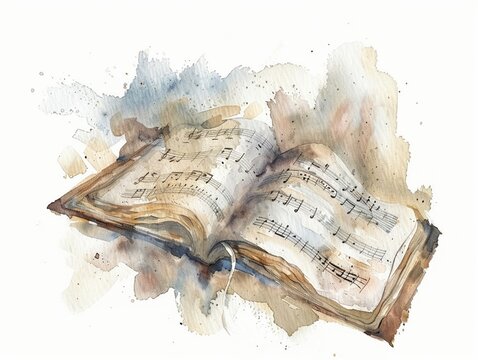 Watercolor of Christian hymn sheets fluttering in a gentle breeze music notes and lyrics visible