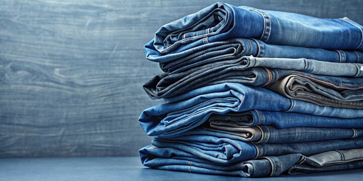 A beautiful stack of folded denim jeans in various shades on a denim background, jeans, denim, fashion, clothing, stack, folded