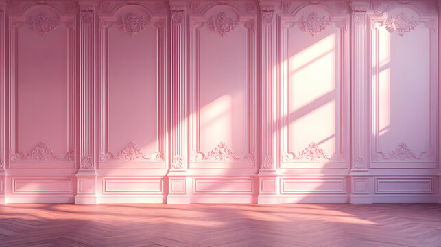 Pink Wall with Ornate Molding and Sunbeams