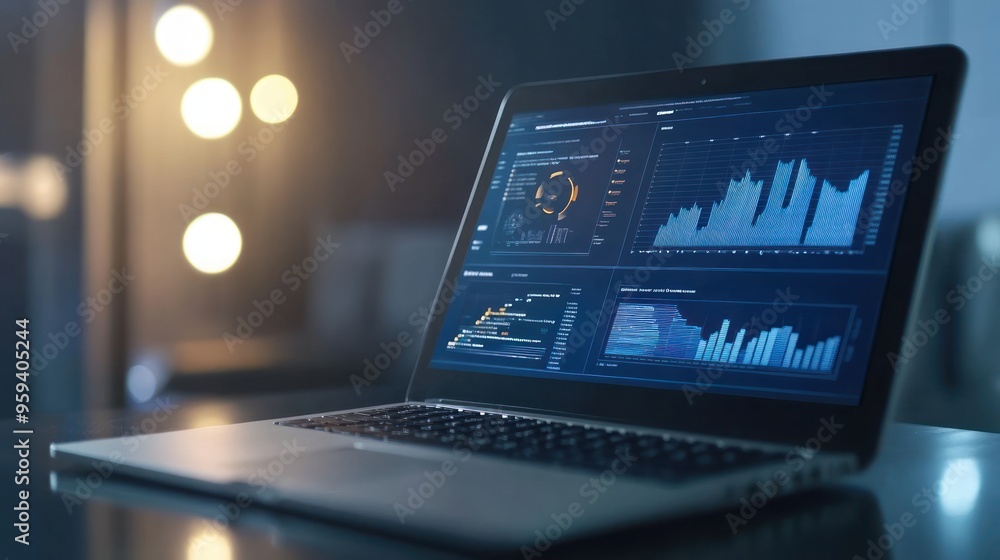 Poster laptop with data analytics and charts on screen