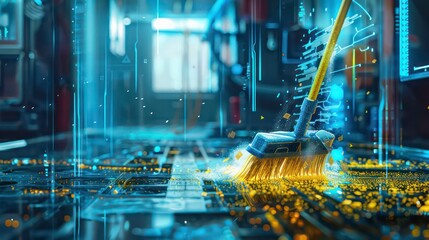 A broom sweeping a digital circuit board, with glowing lines and particles in the background.