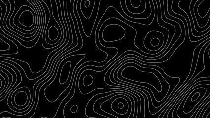 Abstract white on black background Topographic line map pattern. Geographic line map with topographic background and elevation assignments. © MS