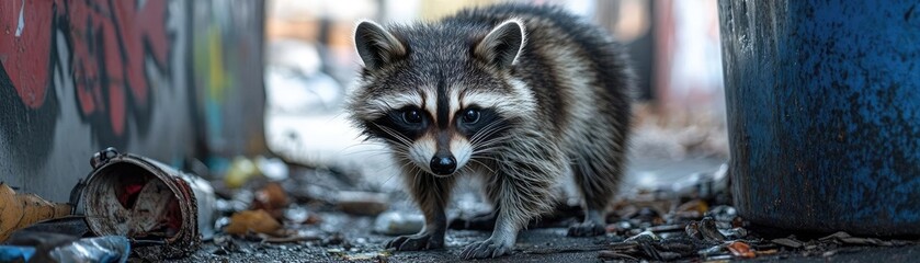 Obraz premium An inquisitive raccoon rummaging through a trash can