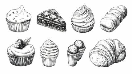 Hand Drawn Pastry Illustration Set Cupcakes Cake Slice Croissants Bread