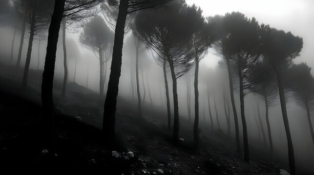 Foggy Forest Trail Black and White Landscape Photography