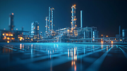 Industrial Complex at Night with Digital Grid