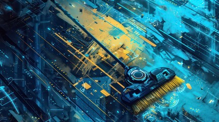 A futuristic broom with a yellow brush sweeps over a blue and black abstract surface.