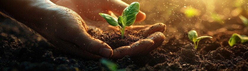 Hands Holding Sprout in Soil with Golden Light