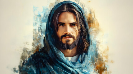 Spiritual Portrait of a Man with a Beard and Long Hair in a Blue Robe