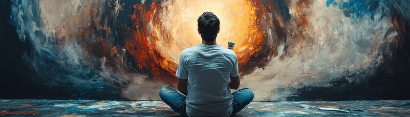 Obraz premium Artist Contemplating Abstract Painting - Creative Process