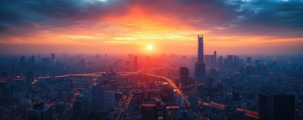 Obraz premium Futuristic drone photography showcasing an aerial view of a sprawling