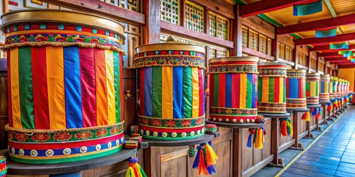 View of prayer drums with colored ribbons in Arshan sanatorium , Buryatia, Tunka Valley, Buddhist, open-air site