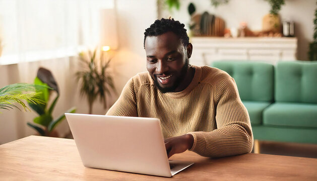 A young man operating a laptop. Image material of a young, smiling man operating a laptop.