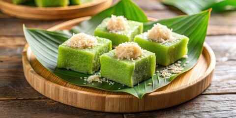 Sweet getuk lindri cake with grated coconut topping, traditional soft snack with savory twist, getuk lindri, cake