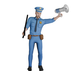 3D Male Cartoon Cop in Law Profession. A male police officer holding a baton in one hand and a megaphone in the other. Police Illustrated