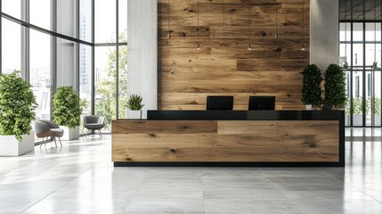 Modern Office Reception Desk with Wooden Panels and Plants