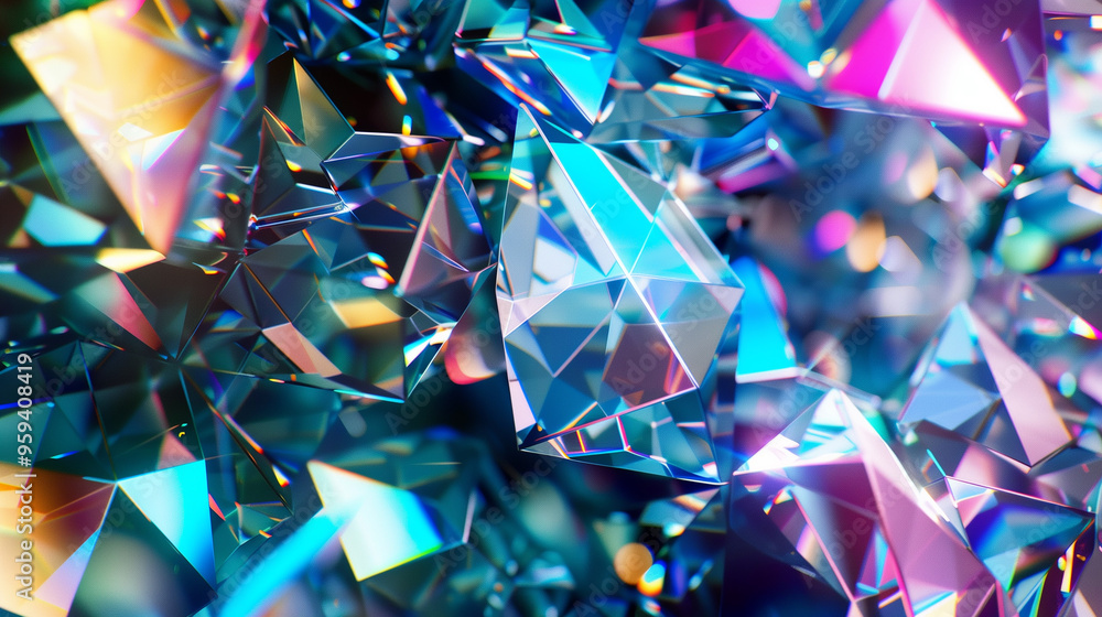 Aufkleber an abstract background filled with sharp, angular glass fragments reflecting prismatic colors, produ