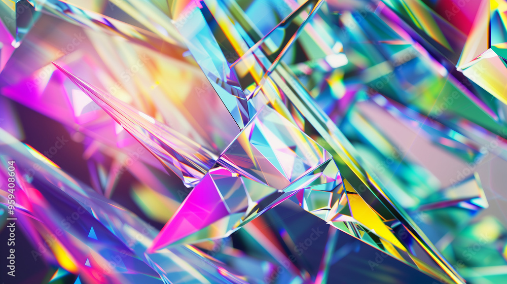 Aufkleber an abstract background filled with sharp, angular glass fragments reflecting prismatic colors, produ
