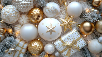 White and Gold Christmas Ornaments with Gifts and Lights