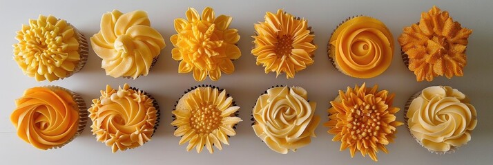 Fototapeta premium Autumn-inspired cupcakes featuring an assortment of yellow and orange icing patterns.