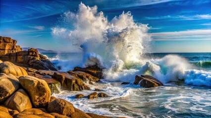 Naklejka premium Water spray from crashing waves on rocky shore, ocean, sea, nature, power, force, splash, spray, waves, water, coastal