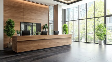 Fototapeta premium Modern Office Reception Desk with Wooden Wall and Large Windows